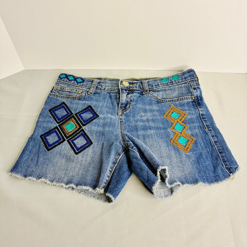 Allen B Schwartz Aztec Blue Jean Embroidered Denim Shorts Women US 2 Cotton
